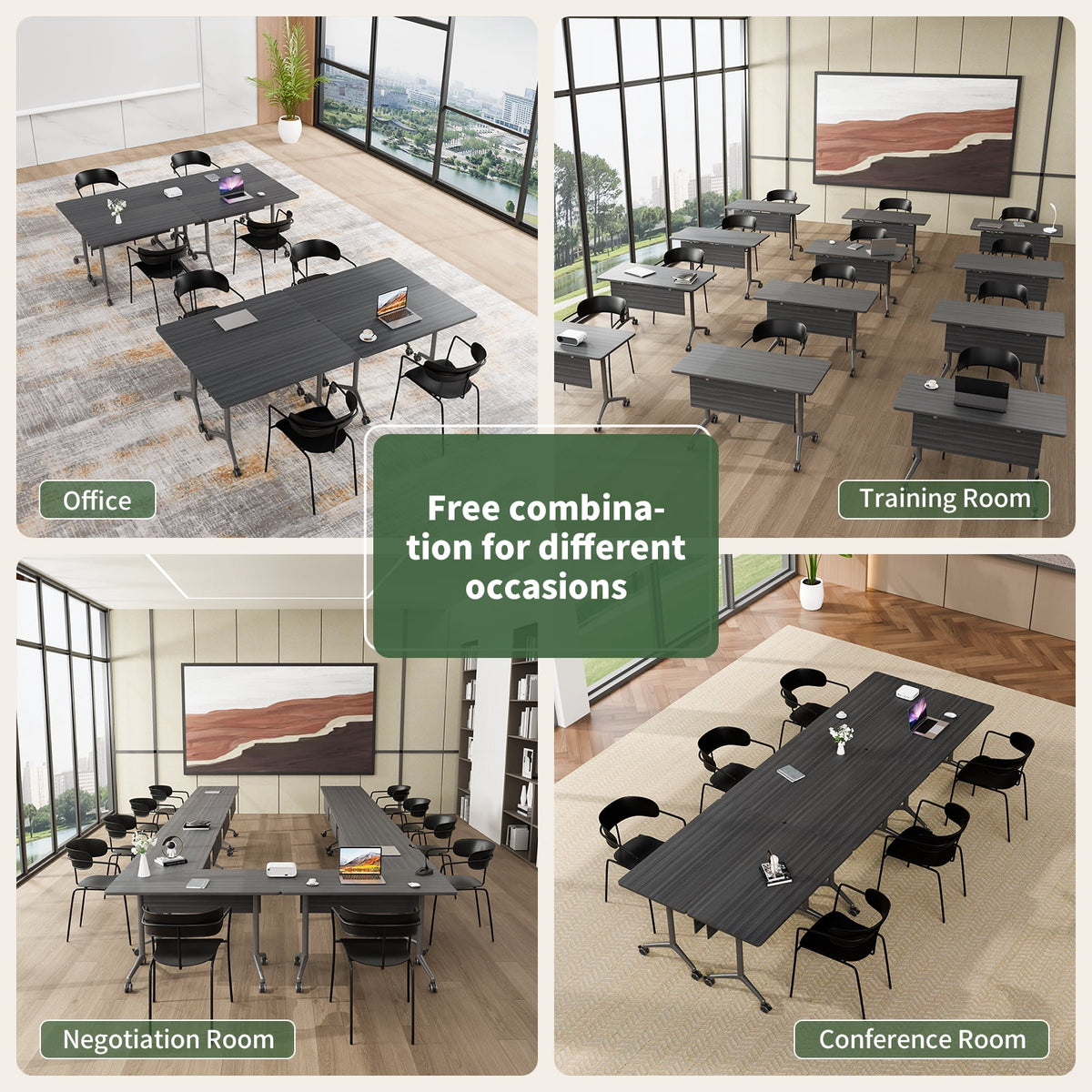 Folding Conference Room Tables with Silent Wheels, 6-12 Person Modern Foldable Modular Meeting Training desk for Office Seminar Boardroom (61 Ebony 8)