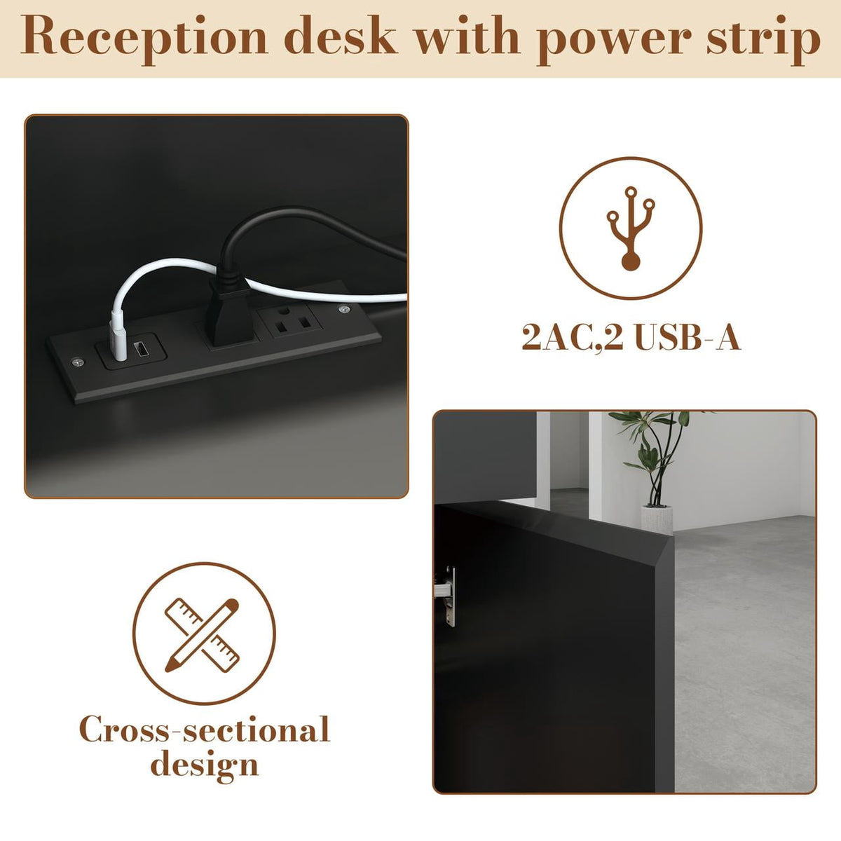 63" Modern Reception Desk with Wooden Grille Front Design, Built-in Power Outlets and Lockable Drawers for Salon, Office, Lobby or Retail Store, Black