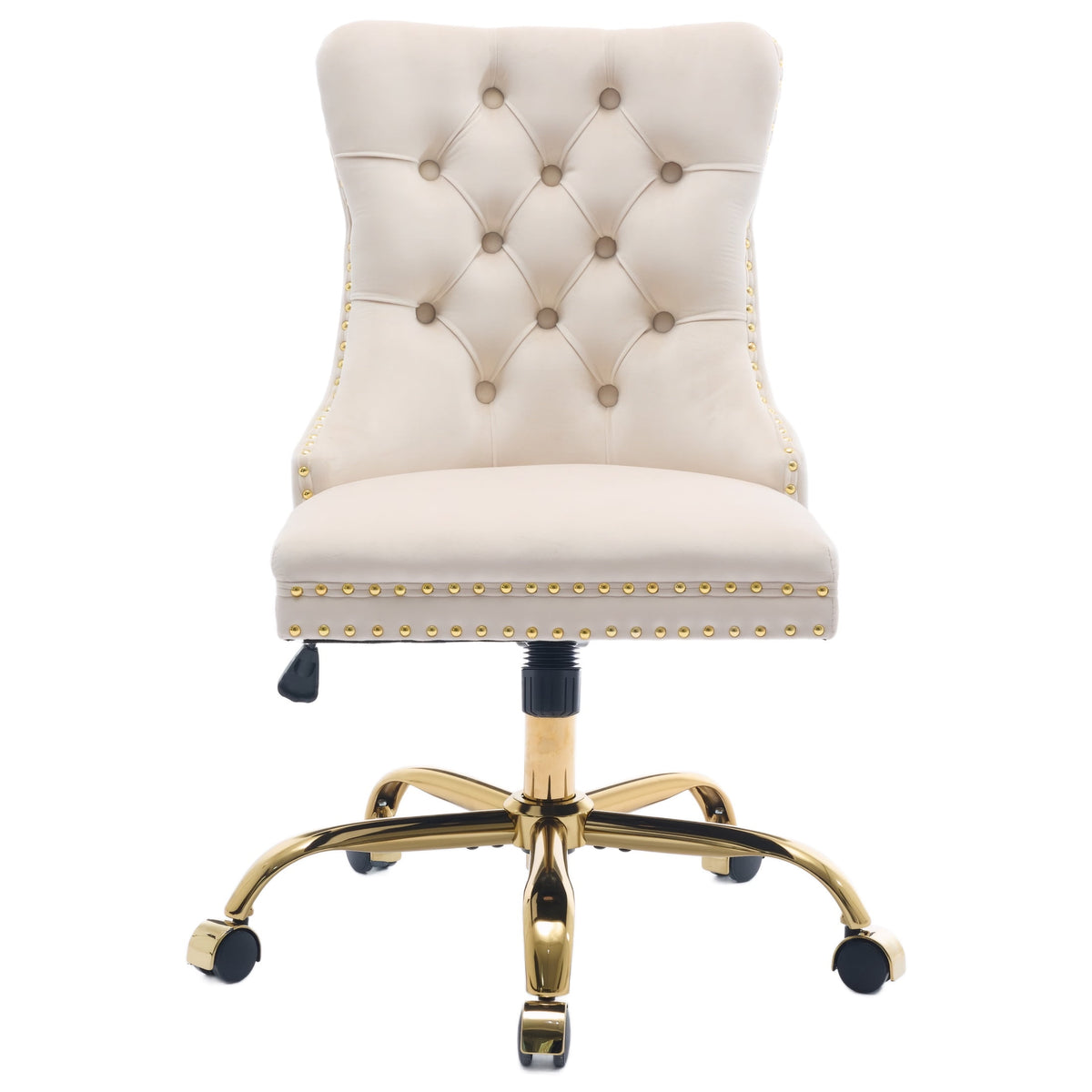 PAPROOS Vanity Chair, Swivel Home Office Chair, Ergonomic Home Desk Chair with Golden Metal Base, Adjustable Height, Velvet Upholstered Tufted Button Task Chair, Beige