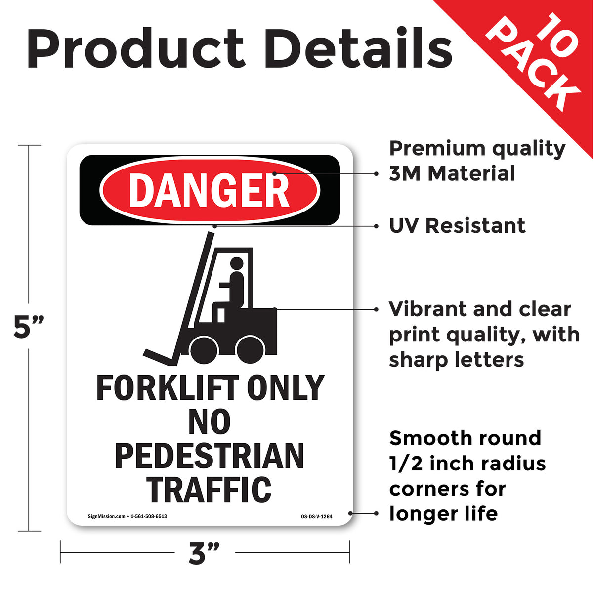 Forklift Only No Pedestrian OSHA Danger Vinyl Decal Label 5 Inch x 3.5 Inch - 10 Pack