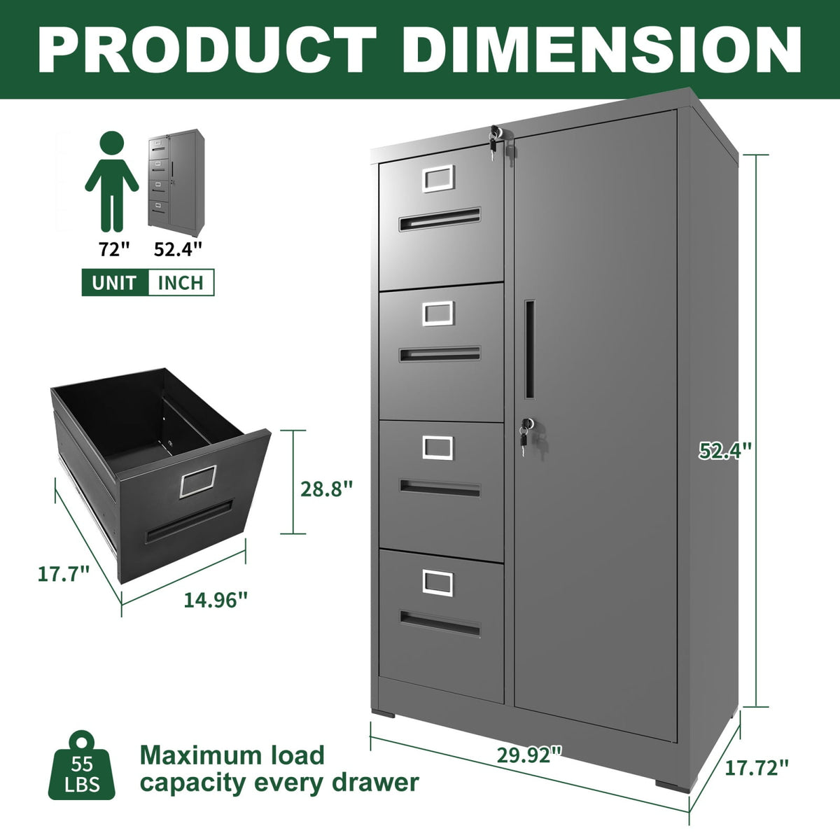 Metal Storage Vertical Filing Cabinet with Lock, Steel File Locker with 4 Drawers and 1 door for School, Living Room, Bedroom, Office
