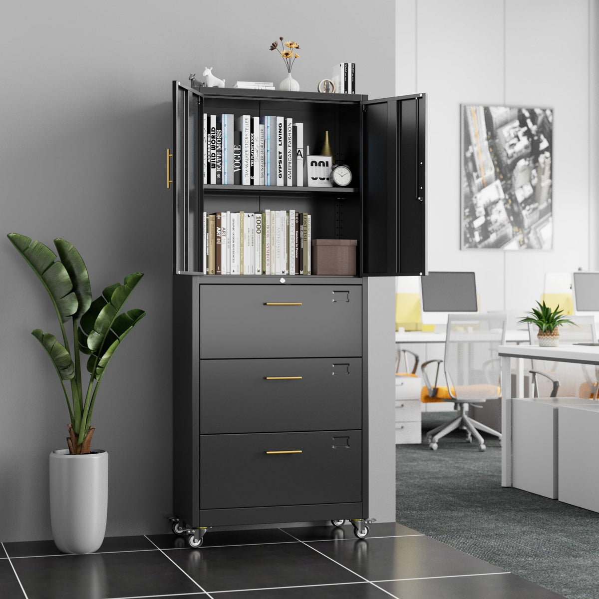 Aobabo 3 Drawer Metal Lateral File Cabinet with Wheels & Shelf , Wide Filing Cabinet with Lock for Office,Home,School,Garage,Fit A4/Letter/Legal File,Required-Assembly,Black