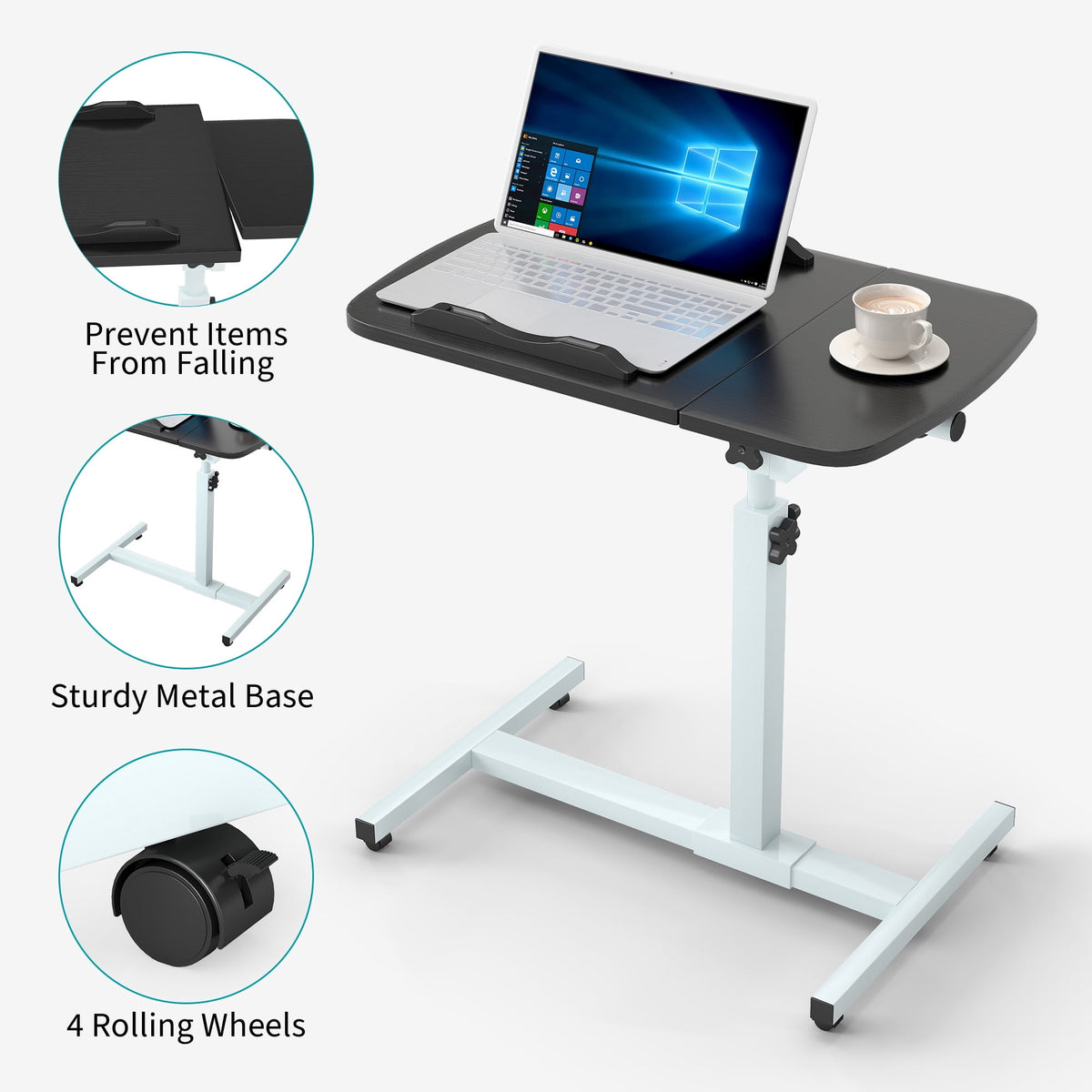 Furnibear Bedside Laptop Desk with Wheels, Height Adjustable Rolling Table with Tilting Desktop, Small Standing Desk for Home Office, Black