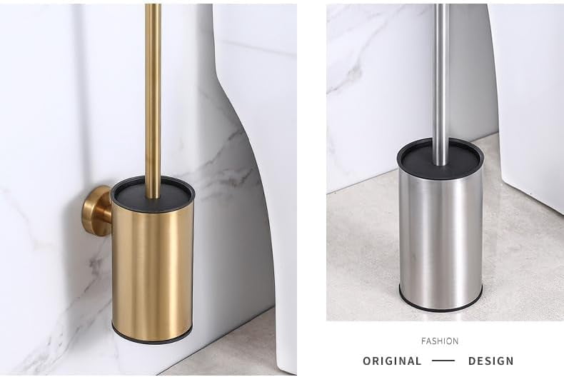 Compact Toilet Brush & Holder, Stainless Steel ,Wall-Mounted,easy to install,long handle,Heavy Duty Cleaner for Bathroom, brushed gold