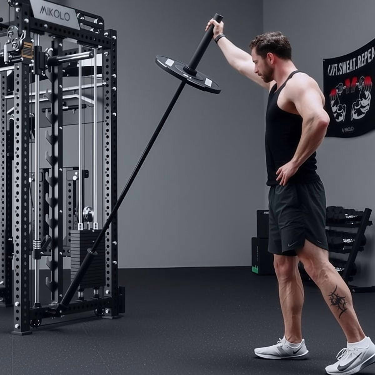 Mikolo Anubis-2.0 Smith Machine with Weight Stack, 3“×3” All-in-One Power Cage with LAT Pulldown & Cable Crossover, 3200LBS Multi-Function Trainer with Aluminum Pulley System for Fitness Home Gym
