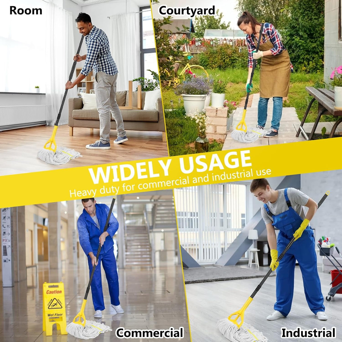 Heavy Duty Commercial Industrial Cotton Mop with Long Handle,Looped-End String Wet Mops with Replacement Mop Head for Home,Garage,Office, Workshop, Warehouse Floor Cleaning