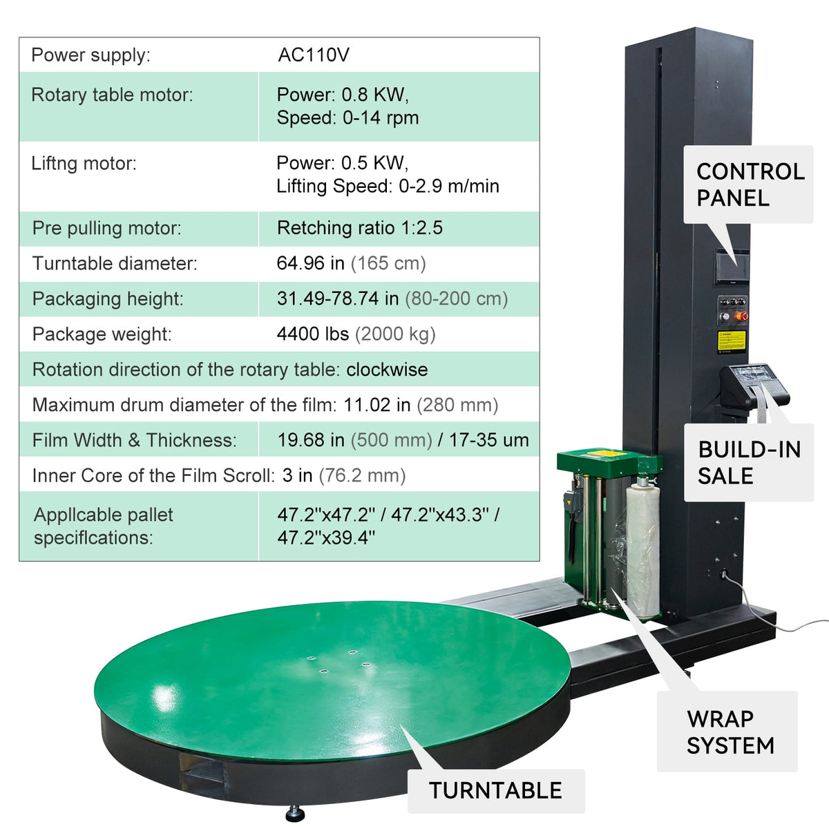 HPDMC Heavy Duty Automatic Pallet Stretch Wrap Machine with Integrated Scale and Label Printer - 4400 lbs Capacity, 110V AC, 65" Turntable, Industrial Stretch Film Wrapper for Warehouse & Logistics