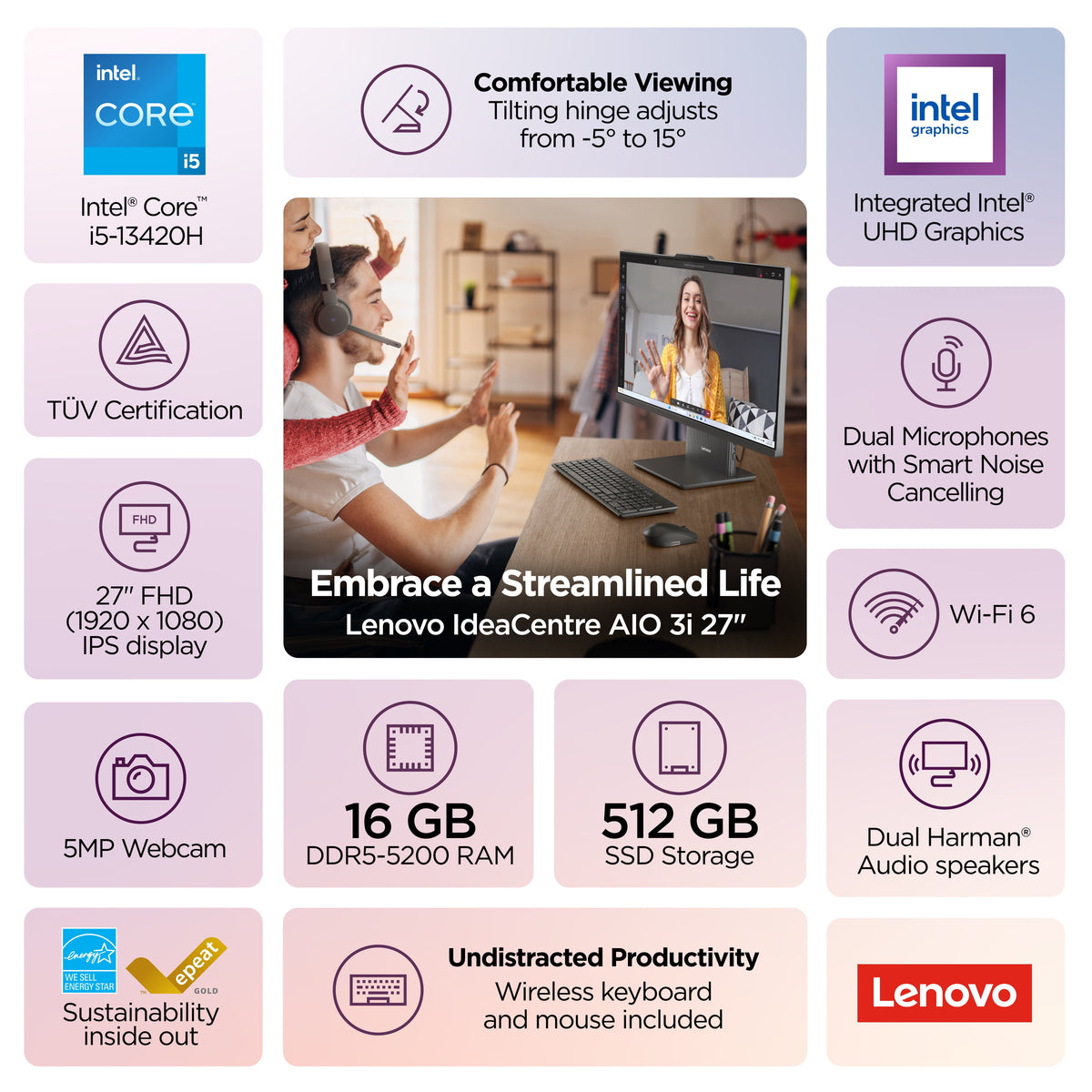 Lenovo IdeaCentre 27" FHD Non-Touch All-In-One Windows Desktop Core i5-13420H, 16GB, 512GB, Luna Grey F0HM00HCUS