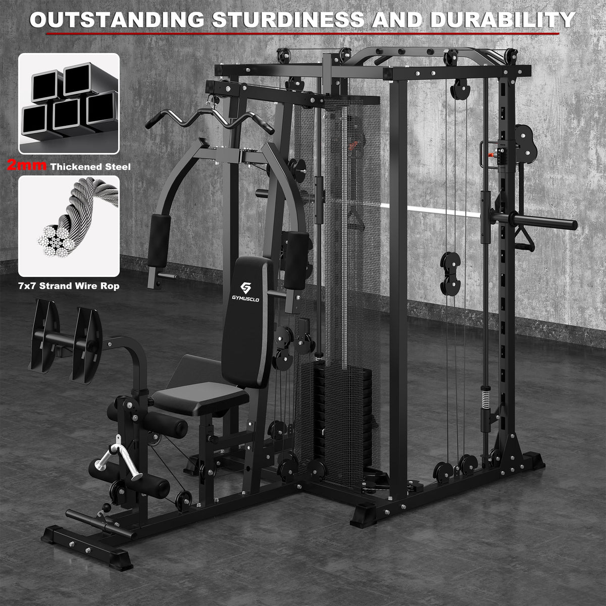 gymusclo Multifunction Home Gym Equipment Workout Station, Smith Machine with 150LBS Weight Stack, Cable Crossover, Leg Press, LAT Station, Heavy Duty Functional Trainer for Full Body Training