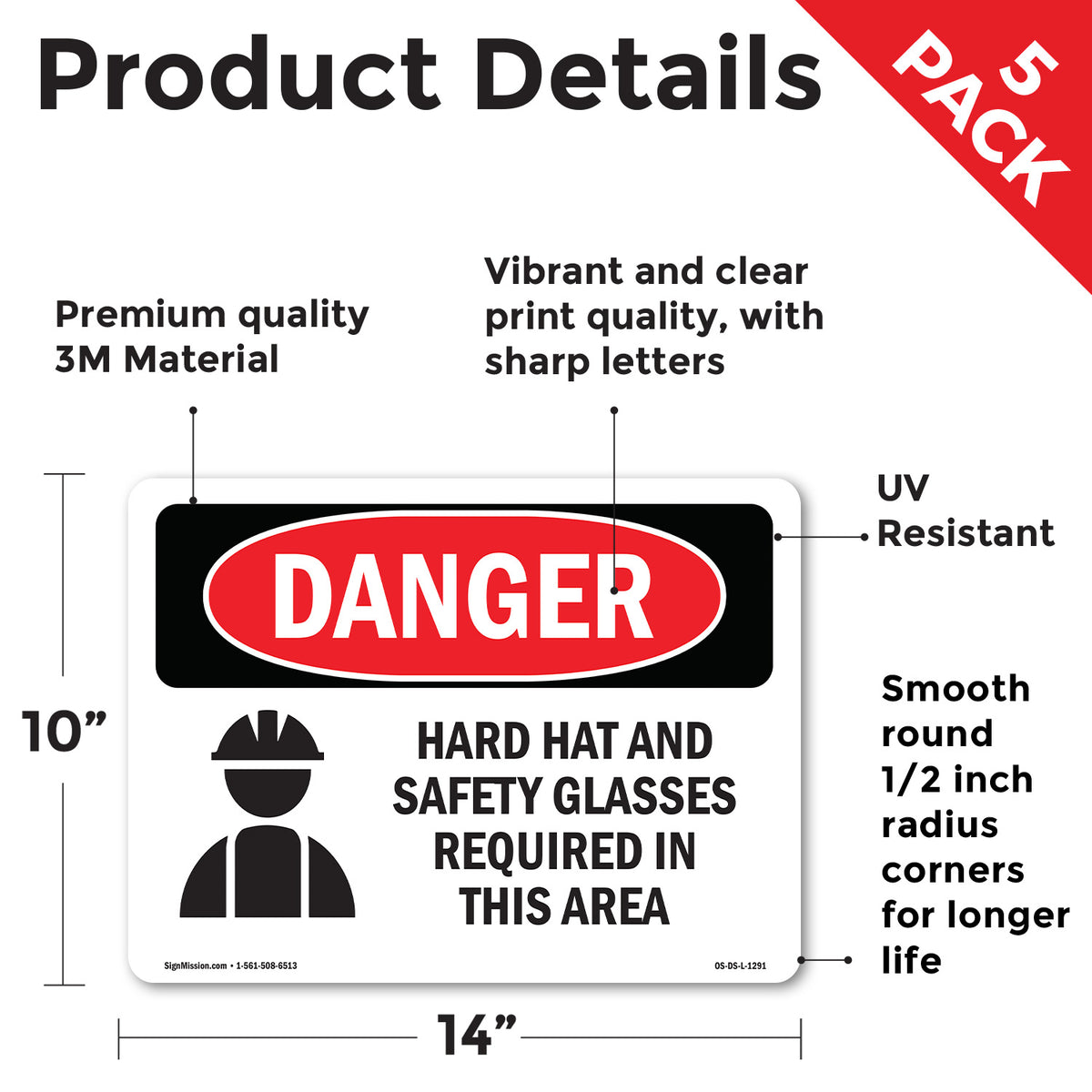 Hard Hat Safety Glasses Required In Area OSHA Danger Vinyl Decal Label 14 Inch x 10 Inch - 5 Pack