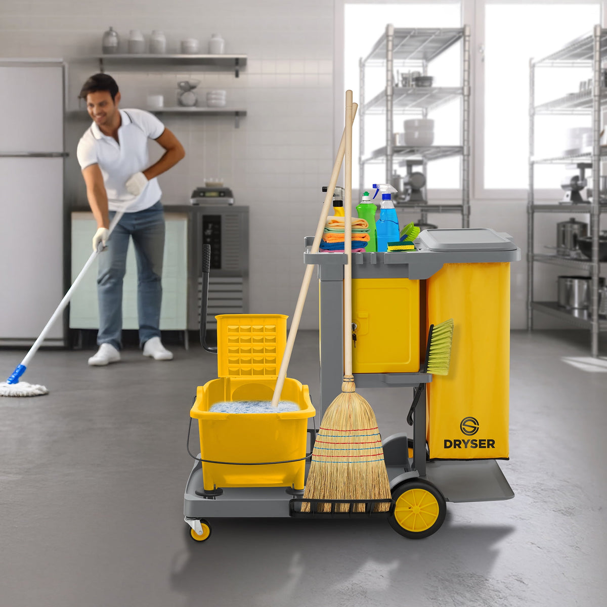 Dryser Commercial Janitorial Cleaning Cart on Wheels - Housekeeping Caddy with Key-Locking Cabinet