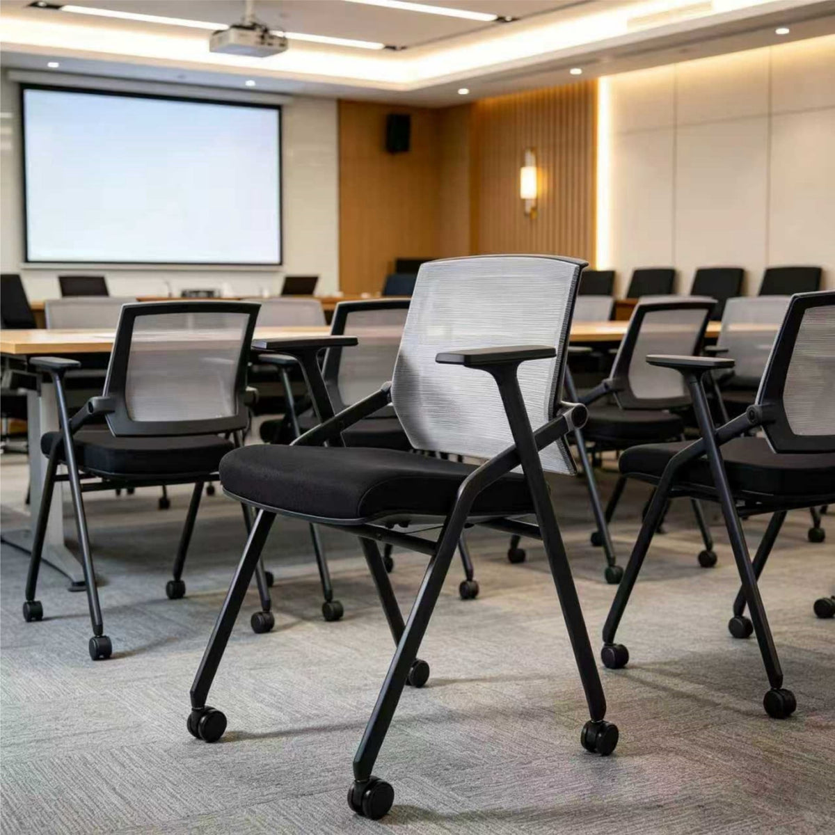 BLANEDUO Folding Office Desk Chair BIFMA Certified Stackable Conference Room Chairs with Wheels Lumbar Support Gray 20 Pack