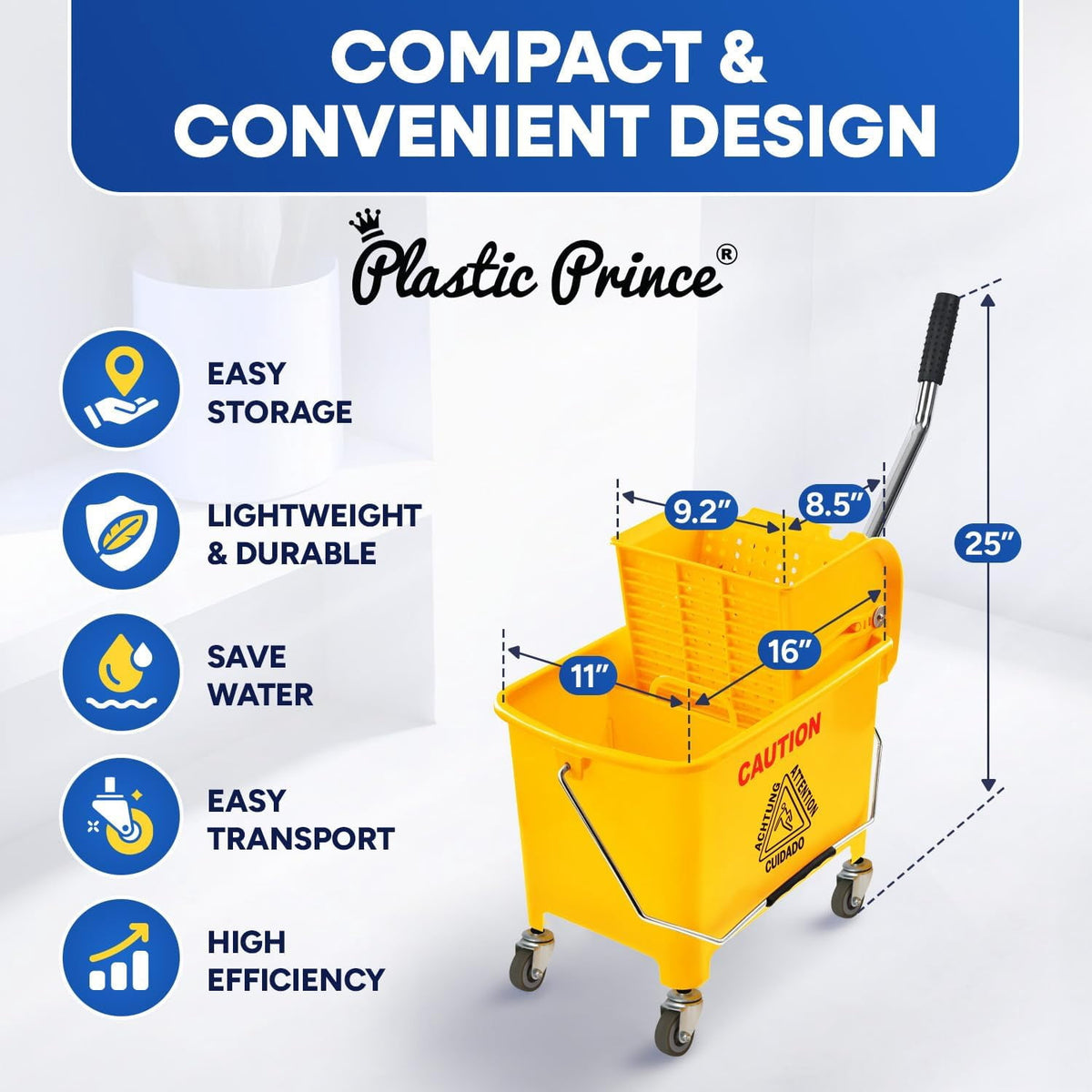 Commercial Mop Bucket with Wringer on Wheels, Heavy Duty Dual Chamber Industrial Mop Bucket Separate Dirty Water, Perfect for Business Household, Small 20 Quart Yellow