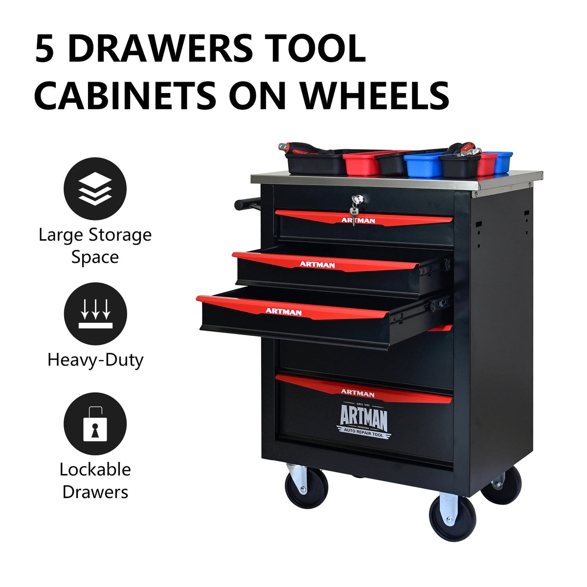 ARTMAN 5 Drawers Steel Storage Rolling Tool Chest Cabinet Cart with Wheels and Stainless Steel Roof