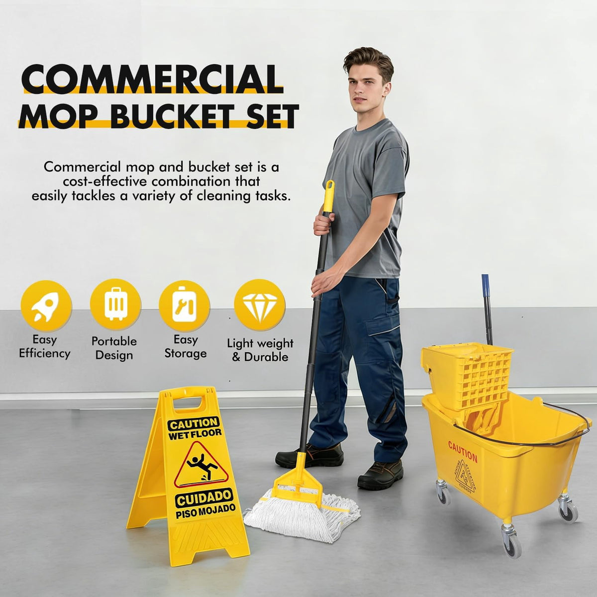 KYascend Commercial Mop Bucket System, Side Press Wringer, 38Qt Yellow, Mobile with Wheels, Complete with 2 Mop Heads