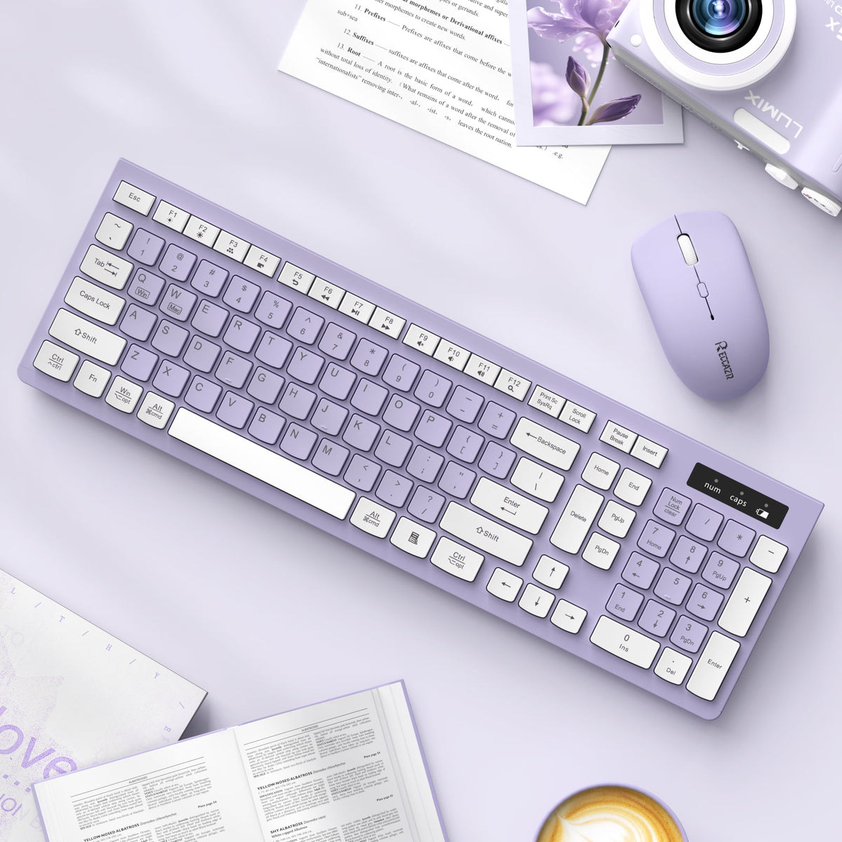 RECCAZR Wireless Keyboard and Mouse Combo , 2.4G Full Size, 12 Multimedia and Shortcut Keys, 3-Year Battery Life, for Windows, Mac OS Desktop/Laptop/PC(Purple)