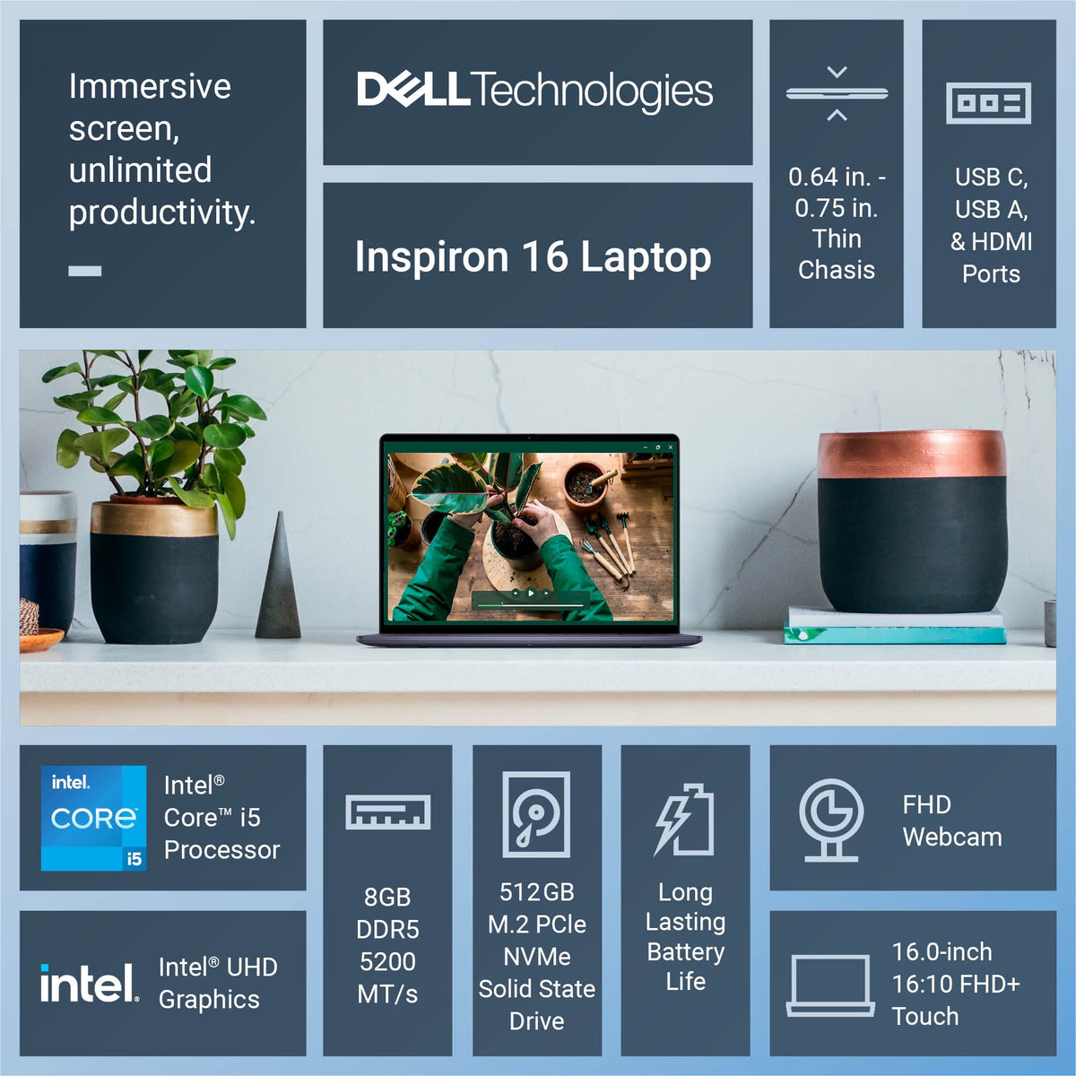 Dell Inspiron 16 Laptop 5640 16-inch FHD+ Touch Intel Core i5-1334U 8GB RAM 512GB NVMe SSD Ice Blue