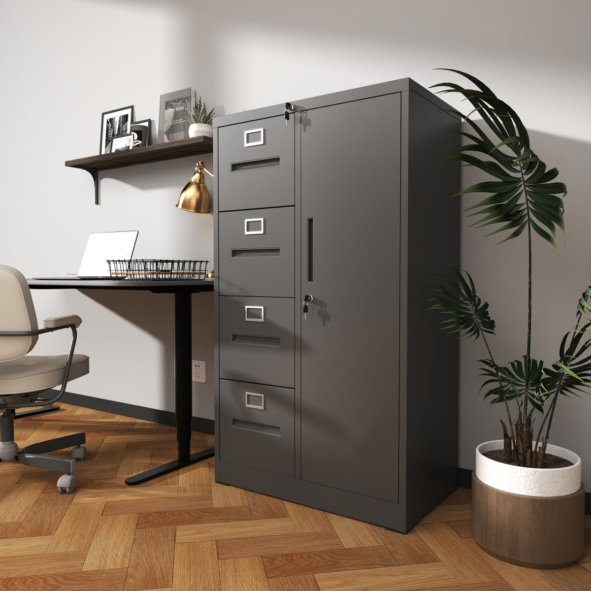 Metal Storage Vertical Filing Cabinet with Lock, Steel File Locker with 4 Drawers and 1 door for School, Living Room, Bedroom, Office