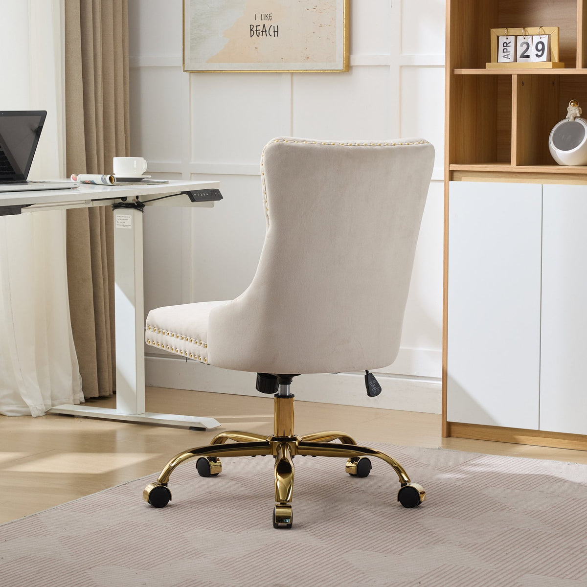 PAPROOS Vanity Chair, Swivel Home Office Chair, Ergonomic Home Desk Chair with Golden Metal Base, Adjustable Height, Velvet Upholstered Tufted Button Task Chair, Beige
