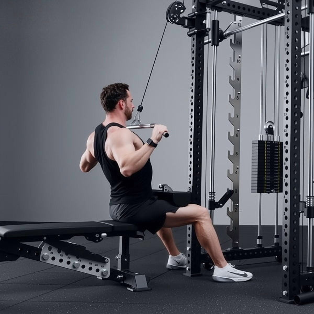 Mikolo Anubis-2.0 Smith Machine with Weight Stack, 3“×3” All-in-One Power Cage with LAT Pulldown & Cable Crossover, 3200LBS Multi-Function Trainer with Aluminum Pulley System for Fitness Home Gym