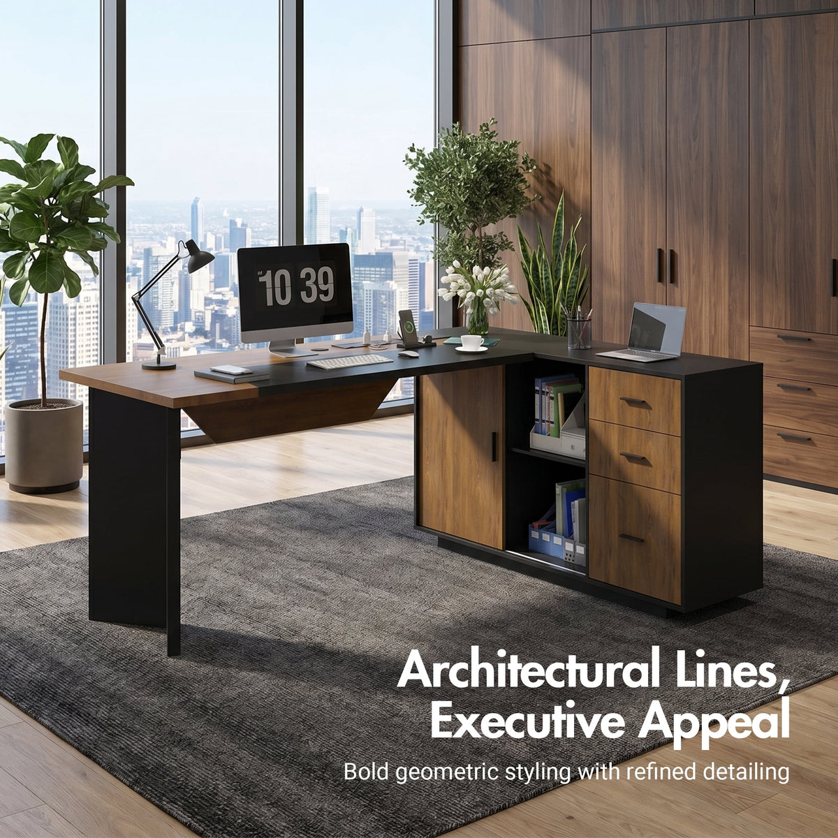 Advwin Modern 74.4" L-Shaped Executive Desk with Display Cabinet & Power Outlet, Large Luxury Office Desk Corner Workstation with File Drawer & LED Light, Black+Brown