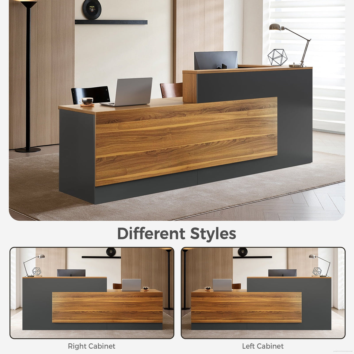 L-Shaped Reception Desk with Lockable Drawers and Storage Shelves, Multi-Functional Computer Desk for Office (Left Hand L-Shaped; Walnut & Iron Gray; 87"Lx 24"W x 41"H)