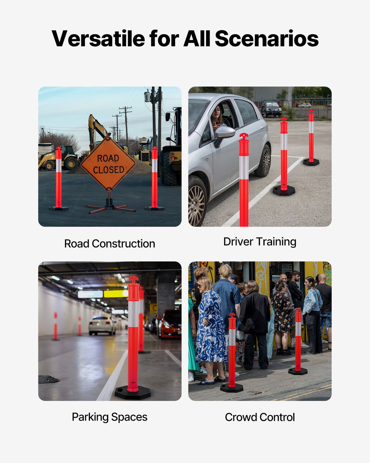 VEVOR 9 Pack Traffic Delineator Posts, 48 inches Traffic Safety Cones with Weighted Base and Reflective Strips, Heavy Duty Delineator Posts for Construction Site, Parking Lot, Crowd Control, Red