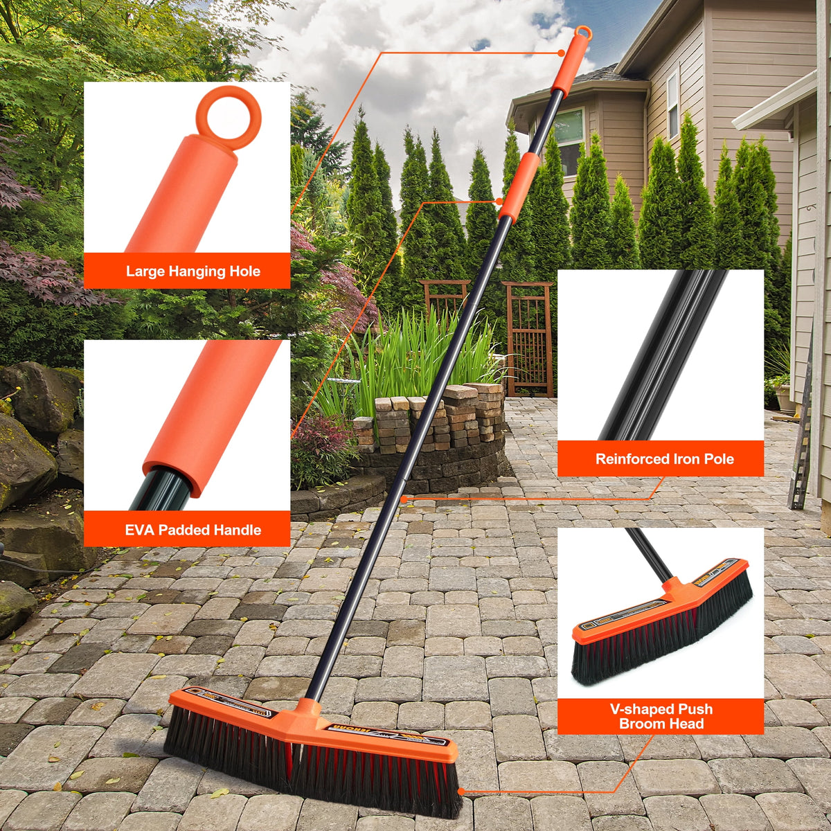 JEHONN 15.7" Wide Push Broom Outdoor Heavy Duty (Orange)