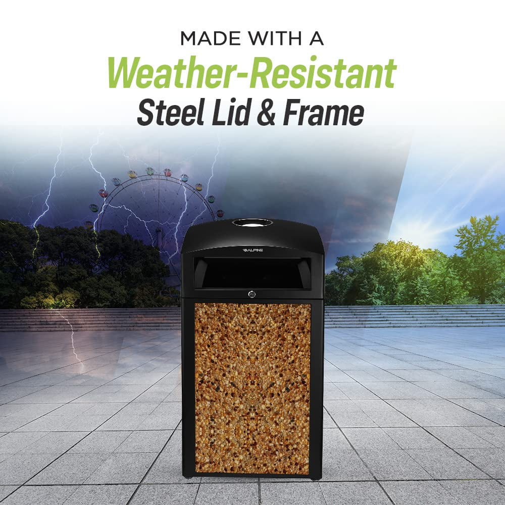 Alpine Indoor & Outdoor Commercial Trash Can with Lid - 40 Gallon Heavy Duty Metal Garbage Can with Removable Bin, Locking Lid, Perfect for Patio, Deck, Office, Mall Black, Brown Stone Panels