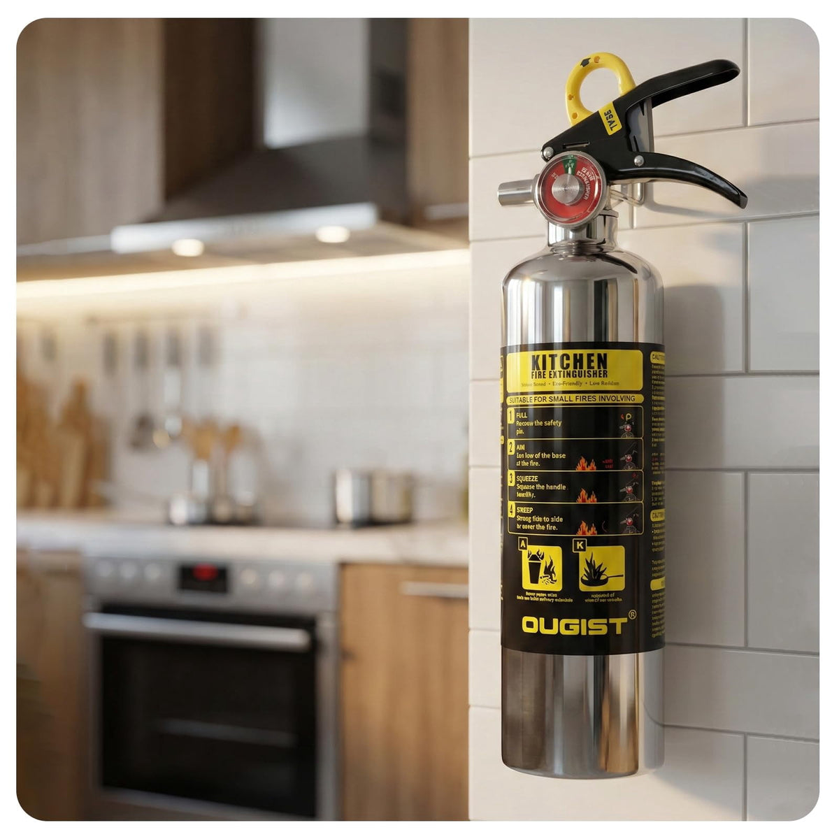 Ougist class K fire extinguisher, 40 fl oz Wet Chemical, Quick-Pull Handle, kitchen fire extinguisher for Grease Fires, built for daily peace of mind