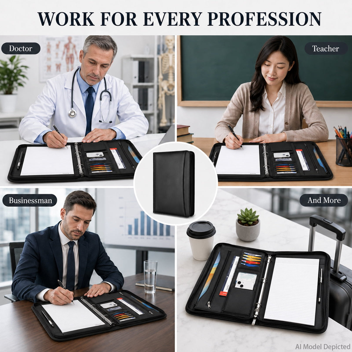 NATISERAUM Portfolio Binder, Includes 10 Sheet Protectors and 3 Notepads, 3-Ring Folder Organizer, A4 Padfolio with Zipper, Vegan Leather Tablet Sleeve,Office Supplies