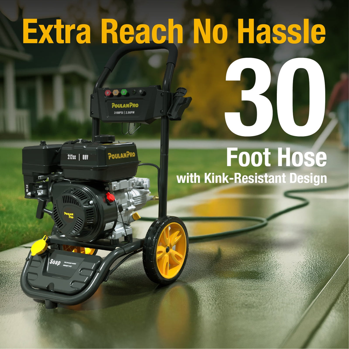 Poulan Pro Gas Pressure Washer, 3100 PSI & 2.5 GPM, 212cc 4-Cycle High Pressure Washer with 30ft Hose and 10-inch Wheels, 21" Spray Lance, 5 Nozzles for Cars Driveways Patios Fences Daily Cleaning