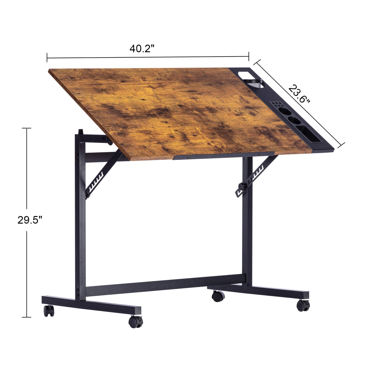 VECELO Drafting Table with Wheels, Adjustable Drawing Table Tiltable Painting Desk Workstation with Pencil Ledge for Artists, Brown