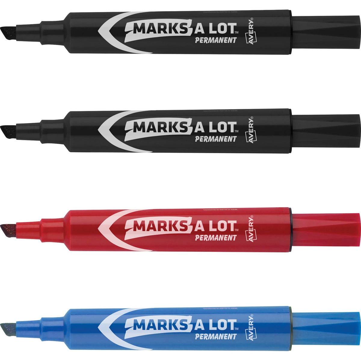 Avery Marks A Lot Permanent Markers, Regular Desk-Style, Asstd, 4/PK Regular Marker Point - Chisel Marker Point Style - Black, Blue, Red - Black, Blue, Red Barrel - 4 / Pack