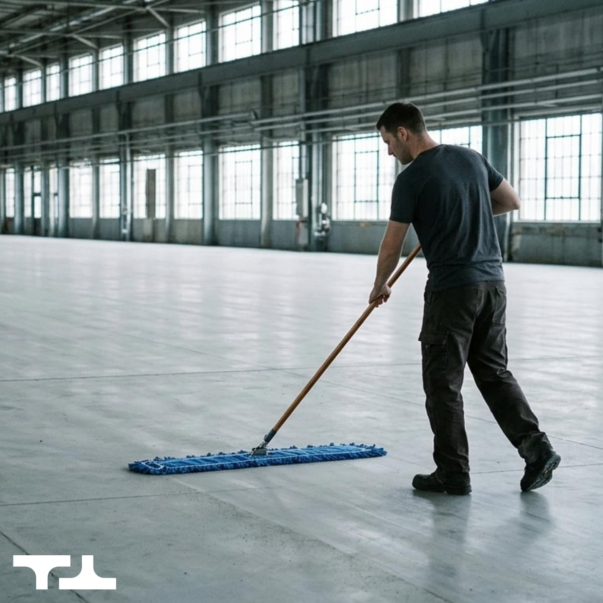 Industrial Dry Mop with 48 in Reusable Mop Head and Wooden Handle for Hardwood Floors Blue
