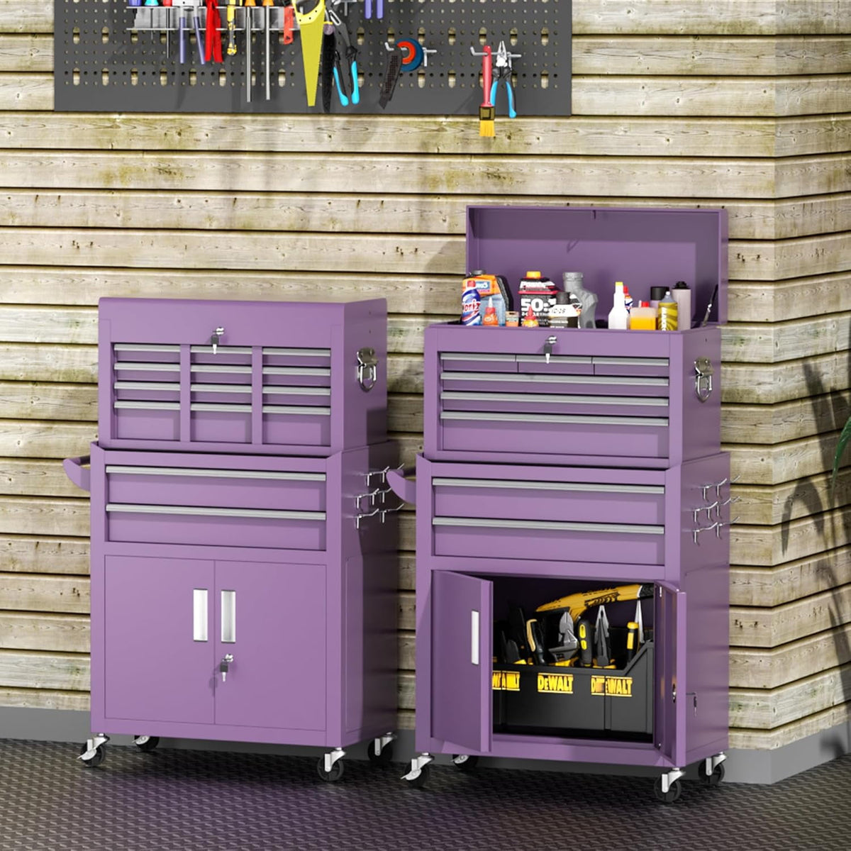 SOLAURA 8-Drawer Rolling Tool Chest with Detachable Top Box, Metal Tool Box with Wheels, Lockable Storage Cabinet for Warehouse, Garage, Workshop, Barbershop, Purple