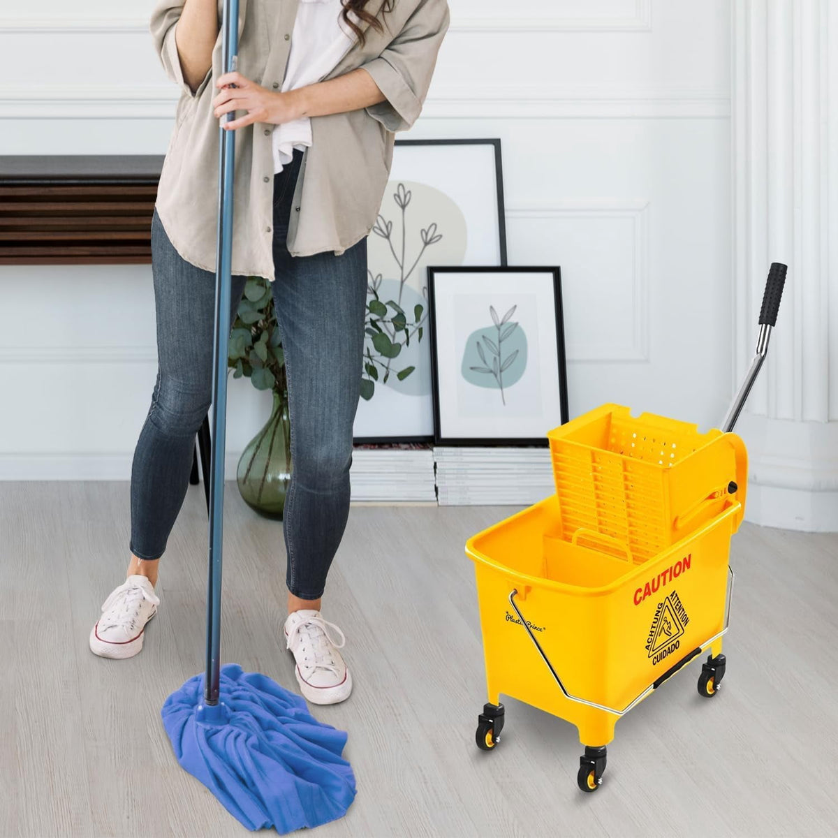 Commercial Mop Bucket with Wringer on Wheels, Heavy Duty Dual Chamber Industrial Mop Bucket Separate Dirty Water, Perfect for Business Household, Small 20 Quart Yellow