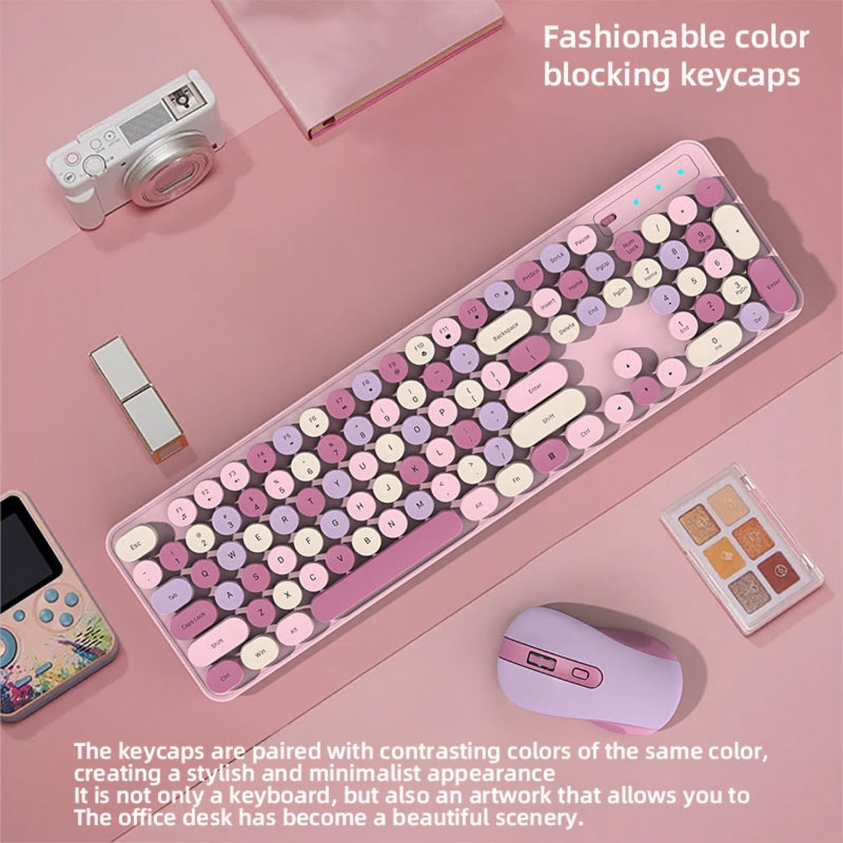 105 Keys Wireless Keyboard and Mouse Set, 2.4G Ergonomic Retro Round Keycaps, Silent Click, 6-Button Mouse, 3-Level DPI, Foldable Stand, Non-Slip, for PC/Laptop