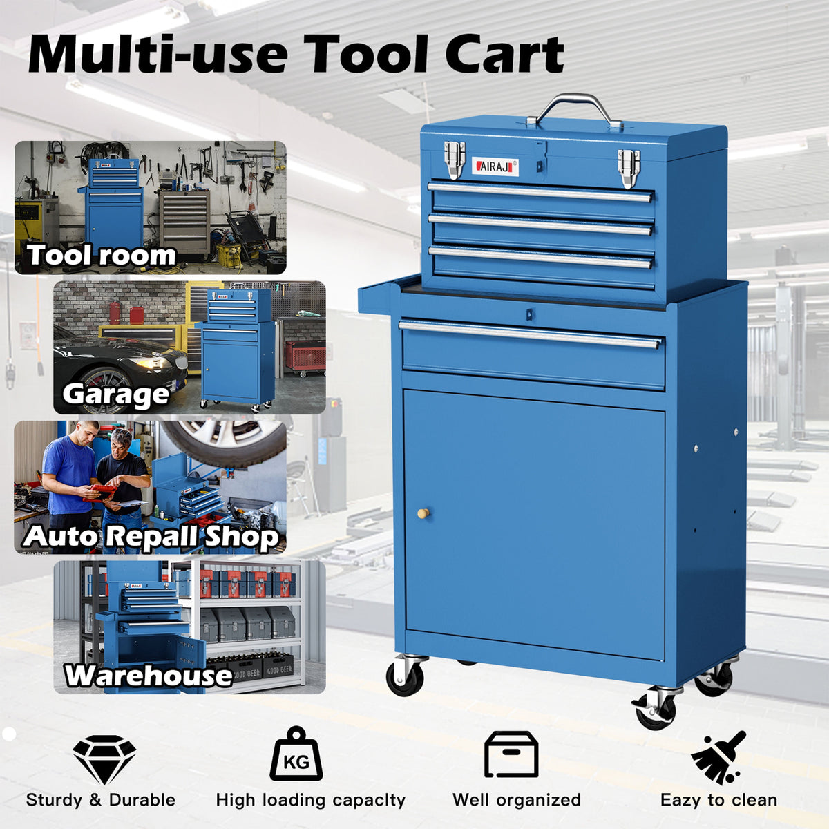 AIRAJ Blue 40" 3-Drawer Rolling Tool Chest | Single Door Metal Workshop Tool Cabinet on Wheels