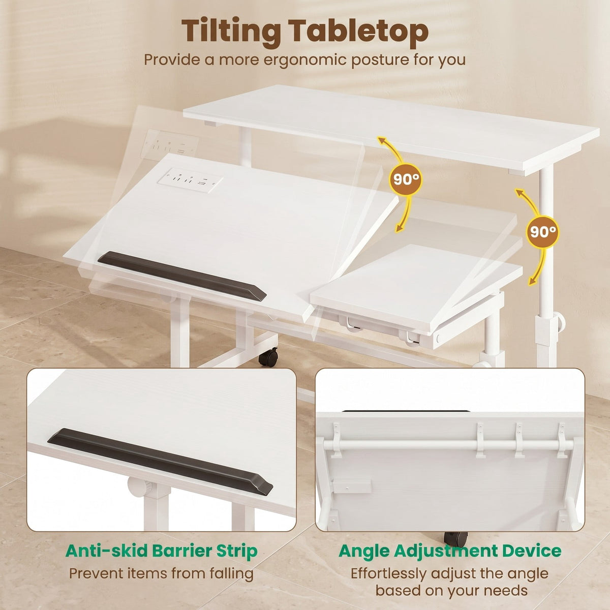 Furnibear Mobile Standing Desk Height Adjustable Computer Workstation with 2 Tilting Desktops, Rolling Sit Stand Desk with Charging Station, USB & Type-C Ports, White