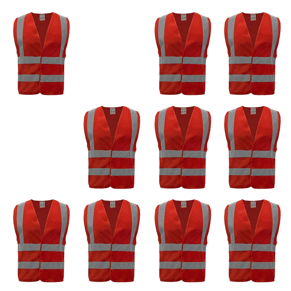 10 Pack Industrial Safety Vest with Reflective Stripes, ANSI / ISEA Class 2-Red-S