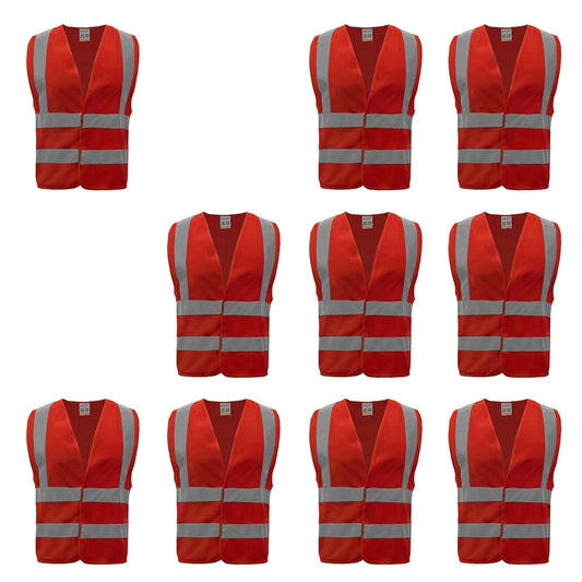 10 Pack Industrial Safety Vest with Reflective Stripes, ANSI / ISEA Class 2-Red-S