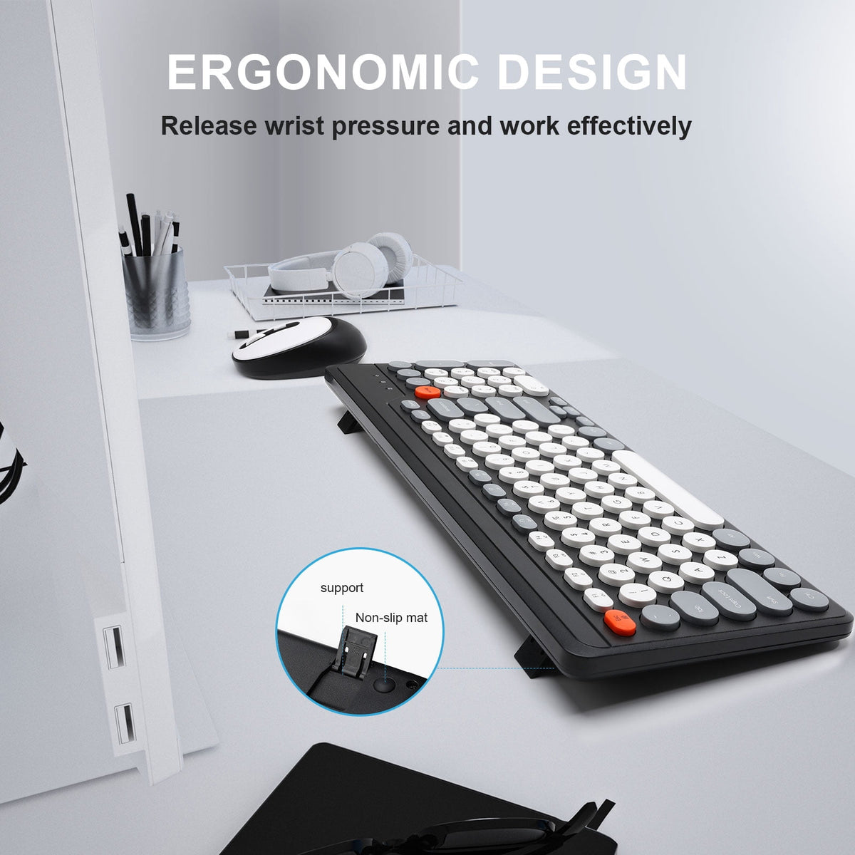 HUO JI Wireless Keyboard and Mouse Combos,USB 2.4GHz Receiver Plug and Play, Mixed Color Round Keycaps Retro Office Keyboards, for Windows, Mac, PC, Laptop, Desktop.(Black Grey)