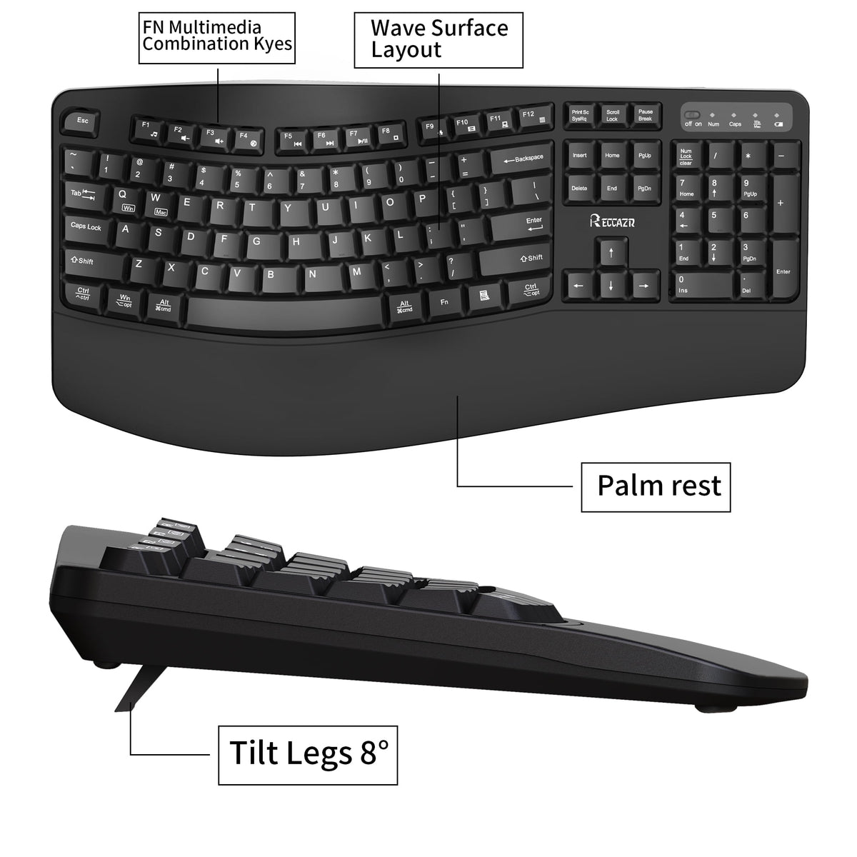 RECCAZR Advanced Combo Wireless Keyboard and Mouse, Wave Keys Ergonomic Keyboard with Wrist Rest and 3-Level DPI Adjustable Wireless Ergonomic Mouse for Windows, Mac OS Desktop/Laptop/PC(Black)