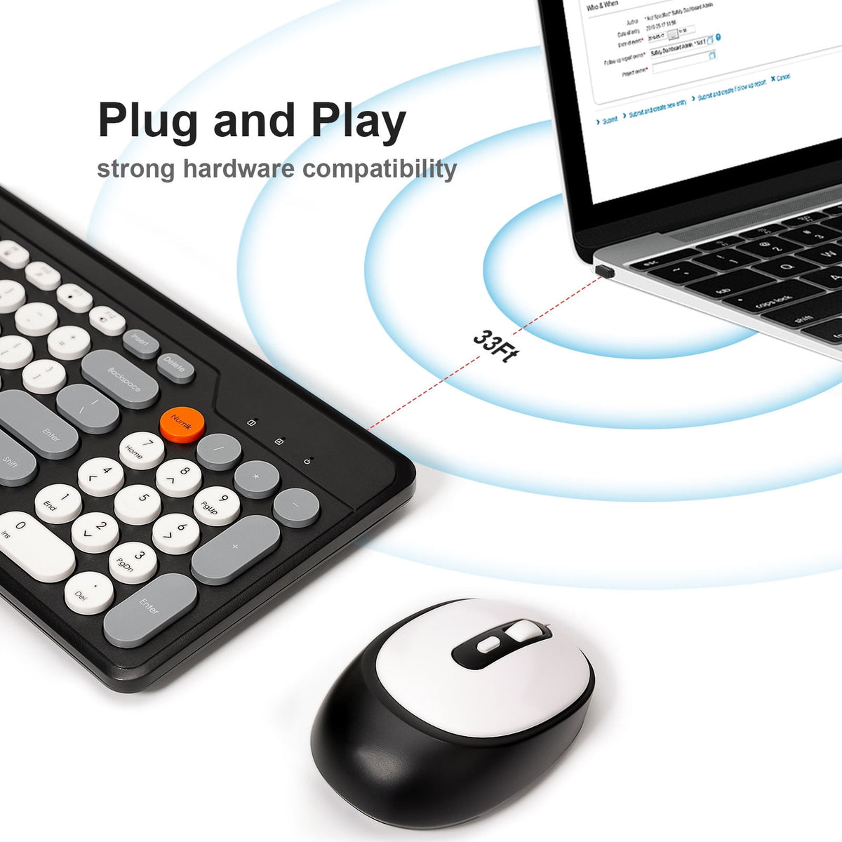 HUO JI Wireless Keyboard and Mouse Combos,USB 2.4GHz Receiver Plug and Play, Mixed Color Round Keycaps Retro Office Keyboards, for Windows, Mac, PC, Laptop, Desktop.(Black Grey)