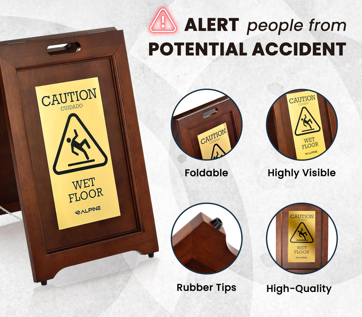 Alpine 2-Sided Wooden Brass Plated Wet Floor Sign - A-Frame Warning Notice - Double Sided Fold Out Bilingual Floor Safety Alert Ideal for High End Commercial Use