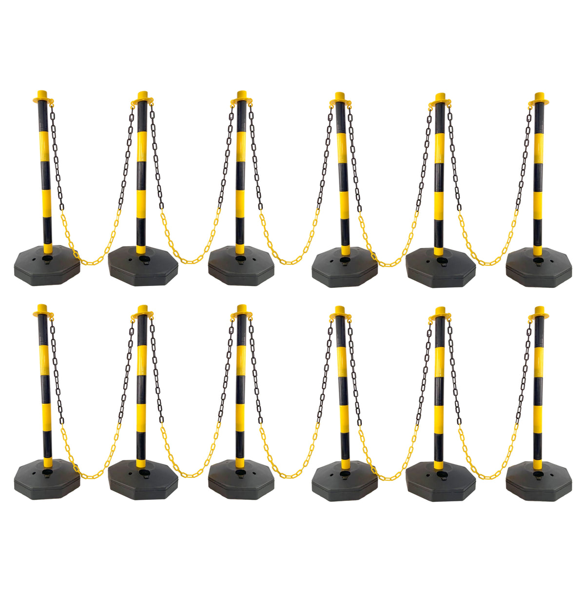 12 Pack Traffic Delineator Post Cones with Fillable Base, Adjustable Plastic Safety Barrier with 5Ft Plastic Chain, Outdoor and Indoor Crowd Control Stanchion for Traffic Control and warning Y/B