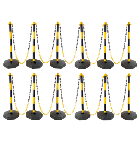 12 Pack Traffic Delineator Post Cones with Fillable Base, Adjustable Plastic Safety Barrier with 5Ft Plastic Chain, Outdoor and Indoor Crowd Control Stanchion for Traffic Control and warning Y/B