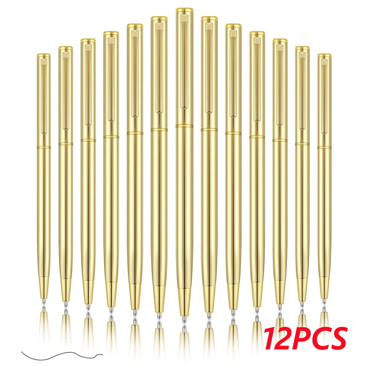 12 Pcs Gold Metal Slim Ballpoint Pens Bulk Retractable Metallic Black Ink 1 mm Medium Point Smooth Writing Pens for Wedding Business Office