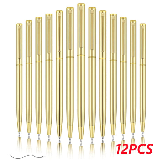 12 Pcs Gold Metal Slim Ballpoint Pens Bulk Retractable Metallic Black Ink 1 mm Medium Point Smooth Writing Pens for Wedding Business Office